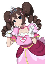 Rule 34 | 1girl, :o, absurdres, blue eyes, blush, breasts, choker, collarbone, commentary, creatures (company), double bun, dress, drill hair, game freak, gloves, hair bun, hair ornament, hands up, highres, looking at viewer, nintendo, nishikino kee, open mouth, pink choker, pink dress, pokemon, pokemon bw2, pokestar studios, rosa (pokemon), simple background, solo, tiara, twin drills, twintails, white background, white gloves