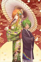 Rule 34 | 1boy, 1girl, :d, ahoge, blush, braid, child, commentary request, danganronpa another, floral print, flower, green eyes, green flower, green hair, green kimono, hair flower, hair ornament, hands in opposite sleeves, highres, holding, holding umbrella, japanese clothes, kimono, long hair, long sleeves, looking at viewer, mekaru rei, oil-paper umbrella, open mouth, orange eyes, orange hair, otori teruya, ppakunak, print kimono, short hair, smile, striped clothes, striped kimono, super danganronpa another 2, tagme, umbrella, wide sleeves, yellow flower