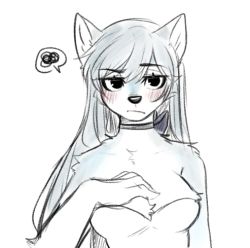 Rule 34 | 1girl, :/, animal ears, animal nose, bibi (ressue (gomgom)), blue fur, blue hair, blush, body fur, breasts, cleavage, commentary request, dress, furry, furry female, hair between eyes, hand on breast, korean commentary, looking at viewer, lowres, aged up, original, ressue (gomgom), simple background, sketch, solo, spoken squiggle, squiggle, two-tone fur, upper body, white background, white dress, white fur, wolf, wolf ears, wolf girl