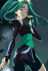 Rule 34 | 00s, 1girl, ass, bike shorts, dark cure (yes! precure 5), dark mint, earrings, finger to mouth, green background, green eyes, green hair, green theme, haruyama kazunori, jewelry, light smile, looking at viewer, looking back, matching hair/eyes, night, precure, solo, yes! precure 5