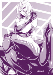 Rule 34 | 1girl, arachne, arthropod girl, breast hold, breasts, carapace, claws, collarbone, crossed arms, extra eyes, eyelashes, hair between eyes, highres, insect girl, kouda tomohiro, large breasts, lips, looking at viewer, monochrome, monster girl, monster musume no iru nichijou, navel, nude, one eye closed, purple theme, rachnera arachnera, short hair, smile, solo, spider girl, spider web background, taur, twitter username