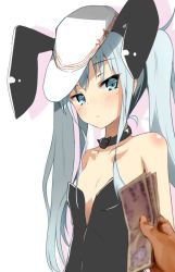 Rule 34 | 10s, 1girl, alternate costume, alternate hairstyle, animal ears, atsutoku, bare shoulders, blue eyes, blue hair, rabbit ears, choker, collarbone, fake animal ears, flat chest, hat, hibiki (kancolle), kantai collection, long hair, looking at viewer, money, pov, prostitution, solo focus, tsurime, twintails, upper body, verniy (kancolle), very long hair