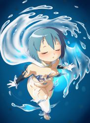 Rule 34 | 1girl, absurdres, blue background, blue hair, blush, breasts, cape, closed eyes, gloamy, groin, henshin, highres, mahou shoujo madoka magica, mahou shoujo madoka magica (anime), medium breasts, miki sayaka, nipples, nude, open mouth, simple background, solo, thighs, transformation