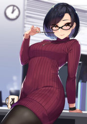 Rule 34 | 1girl, black-framed eyewear, black hair, window blinds, blurry, blurry background, blush, bob cut, breasts, brown eyes, clock, commentary request, computer, cup, depth of field, dress, food, glasses, highres, jewelry, kagematsuri, leaning on object, long sleeves, mole, mole under mouth, monitor, mug, necklace, original, pantyhose, pocky, red dress, smile, solo, steam, sweater, sweater dress, taut clothes, taut dress, turtleneck, turtleneck dress, wall clock, watch, wristwatch