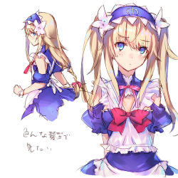 Rule 34 | 1boy, androgynous, apron, blonde hair, blue eyes, blush, braid, chevalier d&#039;eon (fate), closed mouth, crossdressing, fate/grand order, fate (series), frilled apron, frills, headdress, long hair, looking at viewer, maid headdress, multiple views, official alternate costume, sidelocks, simple background, sweatdrop, trap, twintails, upper body, wanko (takohati8), white background
