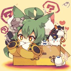 Rule 34 | &gt; &lt;, 1girl, :3, ?, ahoge, akashi (azur lane), animal ear fluff, animal ears, azur lane, blue eyes, blush, box, cardboard box, cat, cat ears, chibi, closed mouth, dress, green hair, hair between eyes, heart, highres, in box, in container, long hair, long sleeves, muuran, orange hair, parted lips, signature, sleeves past fingers, sleeves past wrists, solo, spoken question mark, star-shaped pupils, star (symbol), symbol-shaped pupils, translation request, white dress, wide sleeves