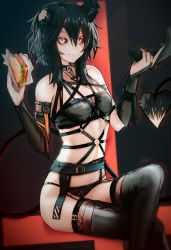Rule 34 | 1girl, absurdres, bare shoulders, black background, black footwear, black gloves, black hair, black panties, black sclera, black thighhighs, boots, breasts, bridal gauntlets, broken horn, burger, colored sclera, commentary, controller, crossed legs, demon horns, demon tail, detached sleeves, ehrrr, english commentary, feet out of frame, food, game controller, gloves, hair between eyes, highres, holding, holding food, horns, looking at viewer, misery-chan, navel, original, panties, short hair, single glove, sitting, small breasts, smile, solo, stomach, tail, thigh boots, thighhighs, underwear, yellow eyes