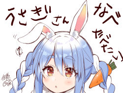 Rule 34 | 1girl, animal ear fluff, animal ears, artist name, blue hair, blush, braid, carrot hair ornament, commentary, ear wiggle, eyelashes, food-themed hair ornament, hair between eyes, hair ornament, hololive, light blue hair, long hair, looking at viewer, multicolored hair, parted lips, portrait, rabbit ears, red eyes, signature, simple background, solo, speech bubble, thick eyebrows, translated, tsukudani norio, twin braids, twintails, two-tone hair, usada pekora, virtual youtuber, white background, white hair