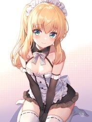 Rule 34 | 1girl, alice gear aegis, apron, bare shoulders, black gloves, blonde hair, blush, bow, breasts, closed mouth, collared dress, commentary request, dress, elbow gloves, frilled apron, frilled dress, frills, gloves, green eyes, highres, kakerayuri, long hair, looking at viewer, maid headdress, noelle francesca, ponytail, sidelocks, sitting, sleeveless, sleeveless dress, small breasts, smile, solo, striped, striped bow, thighhighs, wariza, white thighhighs
