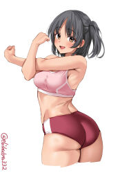 Rule 34 | 1girl, alternate costume, ass, bare shoulders, black hair, blush, breasts, brown eyes, buruma, cowboy shot, cropped legs, ebifurya, from behind, highres, kantai collection, looking at viewer, medium breasts, medium hair, midriff, nagara (kancolle), one-hour drawing challenge, open mouth, pink sports bra, red buruma, simple background, smile, solo, sports bra, stretching, twitter username, underbutt, white background