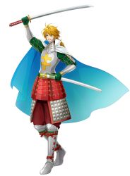 Rule 34 | 1boy, absurdres, aqua cape, aqua eyes, armor, artist request, blonde hair, cape, check commentary, commentary request, eyes visible through hair, gloves, green gloves, highres, holding, holding weapon, japanese armor, katana, male focus, ponytail, samurai, scabbard, sheath, sword, tagme, transparent background, weapon, world flags
