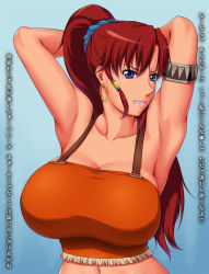 Rule 34 | 10s, 1girl, ameoto, annoyed, armband, armpits, arms up, bellows (suisei no gargantia), blue eyes, breasts, brown hair, cleavage, clenched teeth, earrings, hoop earrings, huge breasts, jewelry, large breasts, long hair, navel, no bra, ponytail, red hair, solo, suisei no gargantia, sweat, teeth, translation request