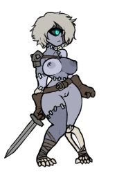 Rule 34 | 1girl, armor, bandaged foot, bandages, barefoot, belt, belt buckle, blue eyes, bob cut, breasts, buckle, cleft of venus, colored skin, concept art, darkest dungeon, full body, gloves, grey hair, hair over one eye, holding, holding sword, holding weapon, large breasts, multicolored skin, naked belt, nipples, nude, nude mod, pauldrons, pussy, short hair, shoulder armor, skeletal leg, solo, standing, strap, sword, transparent background, two-tone skin, undead, weapon, xelsword