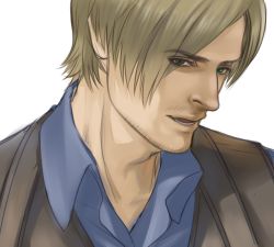 Rule 34 | 1boy, anderain, blonde hair, close-up, curtained hair, green eyes, leon s. kennedy, male focus, parted lips, portrait, resident evil, resident evil 6, solo, vest