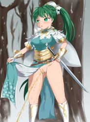 Rule 34 | 1girl, armored corset, belt, blue dress, blush, breasts, cape, clothes lift, dress, feet out of frame, female focus, fingerless gloves, fire emblem, fire emblem: the blazing blade, fire emblem heroes, gloves, gold trim, green eyes, green hair, headdress, highres, holding, holding sword, holding weapon, kneehighs, large breasts, long hair, looking to the side, lyn (fire emblem), matching hair/eyes, nintendo, no panties, parted lips, peeing, pelvic curtain, pelvic curtain lift, ponytail, pussy, short sleeves, snow, socks, soga moronao, standing, sword, tree, uncensored, weapon, white cape, white socks, winter