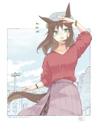 Rule 34 | 1girl, alternate costume, arm up, blush, bracelet, breasts, brown hair, building, fine motion (umamusume), hair between eyes, hat, hidaka kouyou, highres, horse, jewelry, lamppost, long hair, looking at viewer, multicolored hair, necklace, notice lines, open mouth, red shirt, shading eyes, shirt, shirt tucked in, signature, small breasts, smile, solo, translation request, twitter username, two-tone hair, umamusume, upper body, watch, wristwatch