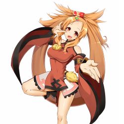 Rule 34 | 1girl, :3, \m/, absurdly long hair, bare shoulders, belt, brown eyes, brown hair, chinese clothes, cosplay, detached sleeves, guilty gear, guilty gear xrd, hair ornament, hair rings, highres, idolmaster, idolmaster cinderella girls, kuradoberi jam, kuradoberi jam (cosplay), kuroshiro (ms-2420), long hair, matsuzaki rei, moroboshi kirari, open mouth, simple background, smile, solo, standing, standing on one leg, very long hair, voice actor connection, white background, wide sleeves
