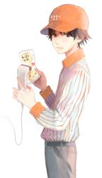 Rule 34 | bag, baseball cap, belt, black belt, black eyes, closed mouth, collared shirt, commentary request, from side, grey pants, grey shirt, hair over eyes, hat, highres, holding, holding bag, light smile, long sleeves, looking at viewer, male focus, nakamura hinata, orange hat, pants, scanner, shirt, simple background, solo, striped clothes, striped shirt, uniform, vertical stripes, white background