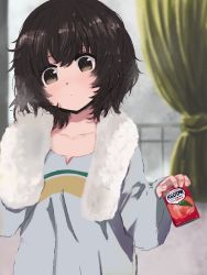 Rule 34 | 1girl, akiyama yukari, blurry, blurry background, blush, brown eyes, brown hair, can, closed mouth, commentary, curtains, depth of field, drink can, girls und panzer, grey shirt, highres, holding, holding can, indoors, light frown, long sleeves, looking at viewer, loungewear, messy hair, pokoyosi, shirt, short hair, soda can, solo, standing, steam, towel, towel around neck, wet, wet hair, window