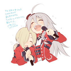 Rule 34 | 2girls, :d, ^ ^, ahoge, bad id, bad pixiv id, black headwear, blush, closed eyes, commentary request, cropped torso, grey hair, hair between eyes, hair over one eye, hand on another&#039;s shoulder, hat, holding, holding microphone, hoshi syoko, idolmaster, idolmaster cinderella girls, jacket, light brown hair, long hair, long sleeves, microphone, mini hat, multiple girls, nose blush, open mouth, red jacket, sharp teeth, shirasaka koume, shirt, smile, sweat, teeth, tilted headwear, translation request, uccow, upper body, very long hair, white background, white shirt