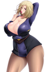 Rule 34 | 10s, 1girl, arm up, blonde hair, breasts, candy, cleavage, curvy, huge breasts, lollipop, majestic prince, pantyhose, saogokushi, solo, suzukaze rin, thick thighs, thighs, uniform