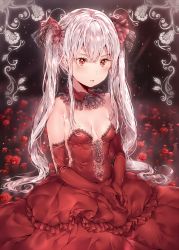 Rule 34 | 1girl, bad id, bad pixiv id, bare shoulders, breasts, character request, cleavage, dress, dsmile, elbow gloves, gloves, hair ornament, long hair, original, own hands together, petals, red dress, red eyes, red gloves, rose petals, silver hair, sitting, small breasts, solo, strapless, strapless dress, twintails, very long hair