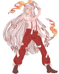 Rule 34 | 1girl, boots, bow, collared shirt, commentary, fire, fujiwara no mokou, hair bow, highres, long hair, looking at viewer, mefomefo, ofuda, pants, red eyes, red pants, shirt, short sleeves, simple background, solo, suspenders, touhou, very long hair, white hair