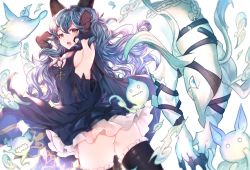 Rule 34 | 1girl, absurdres, animal ears, arms up, asada sadao, ass, bad id, bad pixiv id, bare shoulders, black gloves, black thighhighs, blue hair, blush, breasts, brown eyes, cowboy shot, dress, earrings, erune, ferry (granblue fantasy), floating hair, gloves, granblue fantasy, highres, huge filesize, jewelry, long hair, looking at viewer, medium breasts, purple dress, sideboob, skirt, sleeveless, sleeveless dress, small breasts, solo, thighhighs, wavy hair, wind