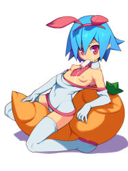 Rule 34 | 1girl, bad id, bad pixiv id, blue hair, boots, breasts, clothes pull, disgaea, dress, dress pull, elbow gloves, food, gloves, metata, mouth hold, necktie, nipples, off shoulder, pleinair, pointy ears, popsicle, red eyes, short hair, small breasts, solo, straddling, stuffed carrot, stuffed toy, thigh boots, thighhighs