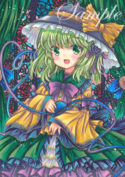 Rule 34 | 1girl, :d, black hat, blouse, blue flower, blue rose, blush, bow, bowtie, cowboy shot, curtains, floral background, flower, frilled hat, frilled ribbon, frilled shirt collar, frilled skirt, frills, green curtains, green eyes, green hair, green skirt, hat, hat ribbon, heart, heart of string, holding, komeiji koishi, long sleeves, looking at viewer, marker (medium), medium hair, open mouth, pink flower, pink rose, purple bow, purple bowtie, red flower, red rose, ribbon, rose, rui (sugar3), sample watermark, shirt, skirt, sleeves past wrists, smile, solo, stained glass, third eye, touhou, traditional media, watermark, wide sleeves, yellow ribbon, yellow shirt