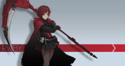 Rule 34 | 1girl, absurdres, aegisfate, cape, copyright name, gothic lolita, grey background, highres, lolita fashion, pantyhose, red eyes, red hair, ruby rose, rwby, scythe, sketch, solo
