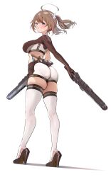 Rule 34 | 1girl, absurdres, ahoge, alternate costume, aogiri koukou, aqua eyes, ass, black footwear, breasts, brown hair, commentary request, crop top, floating hair, from behind, high heels, highres, holding, holding weapon, kkix25, kurikoma komaru, large breasts, looking at viewer, looking back, short shorts, shorts, simple background, skindentation, solo, standing, thick thighs, thighhighs, thighs, twintails, virtual youtuber, weapon, weapon on back, white background, white thighhighs