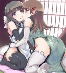 Rule 34 | 10s, 2girls, :o, alternate costume, angry, arched back, ass, bad id, bad twitter id, black gloves, black hair, black legwear, blush, bow, braid, brown hair, china dress, chinese clothes, couple, dress, elbow gloves, female focus, gloves, green dress, hair bow, hair ornament, hair over shoulder, hand on another&#039;s shoulder, hi-ho-, hug, imminent kiss, indoors, jpeg artifacts, kantai collection, kitakami (kancolle), kneeling, leaning, leaning forward, legs, lips, long hair, looking at viewer, looking back, multiple girls, no panties, ooi (kancolle), open mouth, pelvic curtain, purple eyes, red eyes, seiza, side slit, sitting, sleeveless, sleeveless dress, thighhighs, white gloves, white legwear, yuri