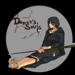 Rule 34 | 1girl, against wall, bandages, barefoot, black hair, blind, copyright name, demon&#039;s souls, dirty, dirty feet, do-poi, english text, feet, from software, jewelry, maiden in black, necklace, outside border, round image, scar, short hair, sitting, soles, solo, toes