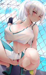 Rule 34 | 1girl, anesaki, azur lane, bare shoulders, breasts, bremerton (azur lane), bremerton (azur lane) (cosplay), bremerton (scorching-hot training) (azur lane), chain-link fence, cleavage, cosplay, crop top, crop top overhang, fence, highres, large breasts, looking at viewer, panties, ponytail, red eyes, see-through, shirt, sleeveless, sleeveless shirt, sportswear, squatting, tennis uniform, thighs, two-tone shirt, two-tone skirt, underwear, white hair, wonderland wars