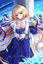 Rule 34 | 1girl, archetype earth, arcueid brunestud, bare shoulders, blonde hair, blue skirt, blush, breasts, cleavage, detached collar, detached sleeves, dress, fate/grand order, fate (series), gloves, highres, large breasts, long hair, looking at viewer, qiaogun damodao, red eyes, sitting, skirt, smile, solo, tsukihime, very long hair, white dress, white gloves