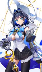 Rule 34 | 1girl, asymmetrical legwear, black gloves, black thighhighs, blue eyes, blue hair, bow, breasts, center opening, dated, gloves, halo, hand on hilt, highres, hololive, hololive english, kenko (a143016), large breasts, mechanical halo, ouro kronii, signature, skirt, smile, striped clothes, striped skirt, thighhighs, virtual youtuber
