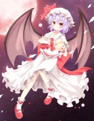 Rule 34 | 1girl, aibumi, ascot, bad id, bad pixiv id, bat wings, blue hair, blush, female focus, flying, full moon, hat, hat ribbon, heart, highres, looking at viewer, moon, night, pen-zin, petals, red eyes, red footwear, red moon, remilia scarlet, ribbon, shirt, shoes, skirt, skirt set, smile, solo, touhou, wings, wrist cuffs