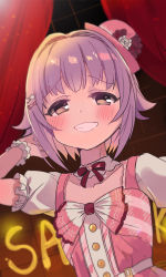 Rule 34 | 1girl, :d, blush, brown eyes, character name, chocho (homelessfox), collarbone, curtains, dutch angle, grin, hand up, hat, idolmaster, idolmaster cinderella girls, koshimizu sachiko, looking at viewer, mini hat, open mouth, pink hat, pink shirt, puffy short sleeves, puffy sleeves, purple hair, shirt, short hair, short sleeves, smile, solo, window, wrist cuffs