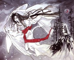 Rule 34 | 1girl, animal, black hair, clamp, colored skin, crescent moon, floating, grey theme, highres, japanese clothes, kimono, long hair, looking at viewer, monochrome, moon, obi, official art, pine tree, red moon, sash, shirahime, shirahime sho, snow, solo, spot color, tree, very long hair, white kimono, white skin, white theme, wind, winter, wolf, yuki onna