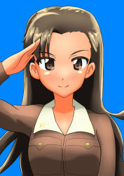 Rule 34 | 1girl, absurdres, blue background, breasts, brown eyes, brown hair, brown shirt, chi-hatan military uniform, collar, girls und panzer, girls und panzer saishuushou, highres, long hair, looking at viewer, nishi kinuyo, salute, shirt, simple background, small breasts, smile, solo, ugtm72, white collar