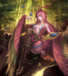 Rule 34 | 1girl, bad id, bad pixiv id, bug, butterfly, feathers, forest, harpy, insect, long hair, md5 mismatch, mikikoto hitsuji, monster girl, nature, open mouth, original, pink hair, sitting, solo, sunlight, winged arms, wings, yellow eyes