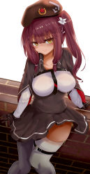 Rule 34 | 1girl, absurdres, against wall, belt buckle, beret, black gloves, black necktie, black skirt, blush, boots, breasts, brick, buckle, capelet, collarbone, covered navel, cowboy shot, dark-skinned female, dark skin, eyes visible through hair, flower, framed breasts, from above, girls&#039; frontline, gloves, gun, hair between eyes, hair flower, hair ornament, hair ribbon, half-closed eyes, hand on own chest, hand on wall, hat, high-waist skirt, highres, holding, impossible clothes, large breasts, long hair, long sleeves, looking at viewer, necktie, pleated skirt, purple hair, ribbon, ru zhai, saiga-12 (girls&#039; frontline), shaded face, side ponytail, skirt, smile, solo, strap, thigh strap, thighhighs, thighs, tress ribbon, tsurime, twintails, wavy hair, weapon, white thighhighs, wind, wind lift, yellow eyes