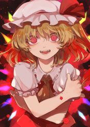 Rule 34 | 1girl, blonde hair, blood, blood splatter, breasts, constricted pupils, fangs, flandre scarlet, floating hair, frilled skirt, frills, hat, highres, kerok (joniko1110), looking at viewer, medium breasts, mob cap, open mouth, puffy short sleeves, puffy sleeves, red eyes, self hug, short sleeves, skirt, smile, solo, touhou, upper body, wings