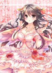 Rule 34 | 10s, 1girl, :o, bad id, bad pixiv id, black eyes, black hair, blush, breasts, capelet, cleavage, dress, flower, haruna (kancolle), jewelry, kantai collection, large breasts, long hair, necklace, rose, shizuki aya