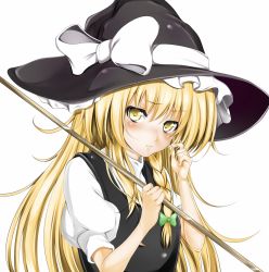 Rule 34 | 1girl, absurdres, bad id, bad pixiv id, blonde hair, blush, bow, braid, closed mouth, commentary request, from side, green bow, hair between eyes, hair bow, hat, head tilt, highres, holding, kirisame marisa, looking at viewer, nakano maru, playing with own hair, puffy short sleeves, puffy sleeves, shirt, short sleeves, side braid, single braid, solo, touhou, upper body, white background, white shirt, witch, witch hat, yellow eyes