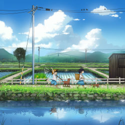 Rule 34 | 1boy, 1girl, bird, blue sky, butterfly net, cat, child, cloud, commentary request, day, dog, fence, grass, hand net, highres, holding, holding butterfly net, mige shijiu, mountain, original, outdoors, power lines, reflection, rice paddy, river, running, rural, scenery, sky, transmission tower, utility pole, walking, water, wooden fence