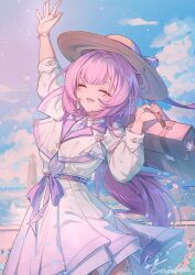 Rule 34 | 1girl, absurdres, arm up, bag, blue sky, caisena, chinese commentary, closed eyes, cloud, coat, collared shirt, commentary request, cowboy shot, elysia (honkai impact), hand up, hat, hat ribbon, highres, holding, holding bag, honkai (series), honkai impact 3rd, lighthouse, long hair, necktie, open mouth, outdoors, pastel colors, pink hair, purple necktie, purple ribbon, railing, ribbon, shirt, signature, sky, smile, solo, sun hat, watch, white coat, white shirt, wristwatch