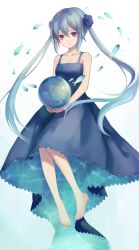 Rule 34 | 1girl, barefoot, blue dress, blue hair, blue theme, closed mouth, collarbone, double exposure, dress, floating, hair between eyes, light smile, long hair, orb, original, purple eyes, sidelocks, solo, spaghetti strap, twintails, very long hair, water surface, zek (zecola)