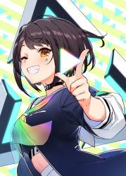 Rule 34 | 1girl, black choker, black hair, blue jacket, blush, choker, commentary, floating, floating object, grin, highres, holding, izumi sai, jacket, looking at viewer, midriff, one eye closed, patterned background, pictoria, rainbow neckwear, sailor collar, see-through, short sleeves, skirt, smile, solo, striped, striped background, teeth, towa kiseki, triangle, upper body, virtual youtuber, white skirt, yellow eyes